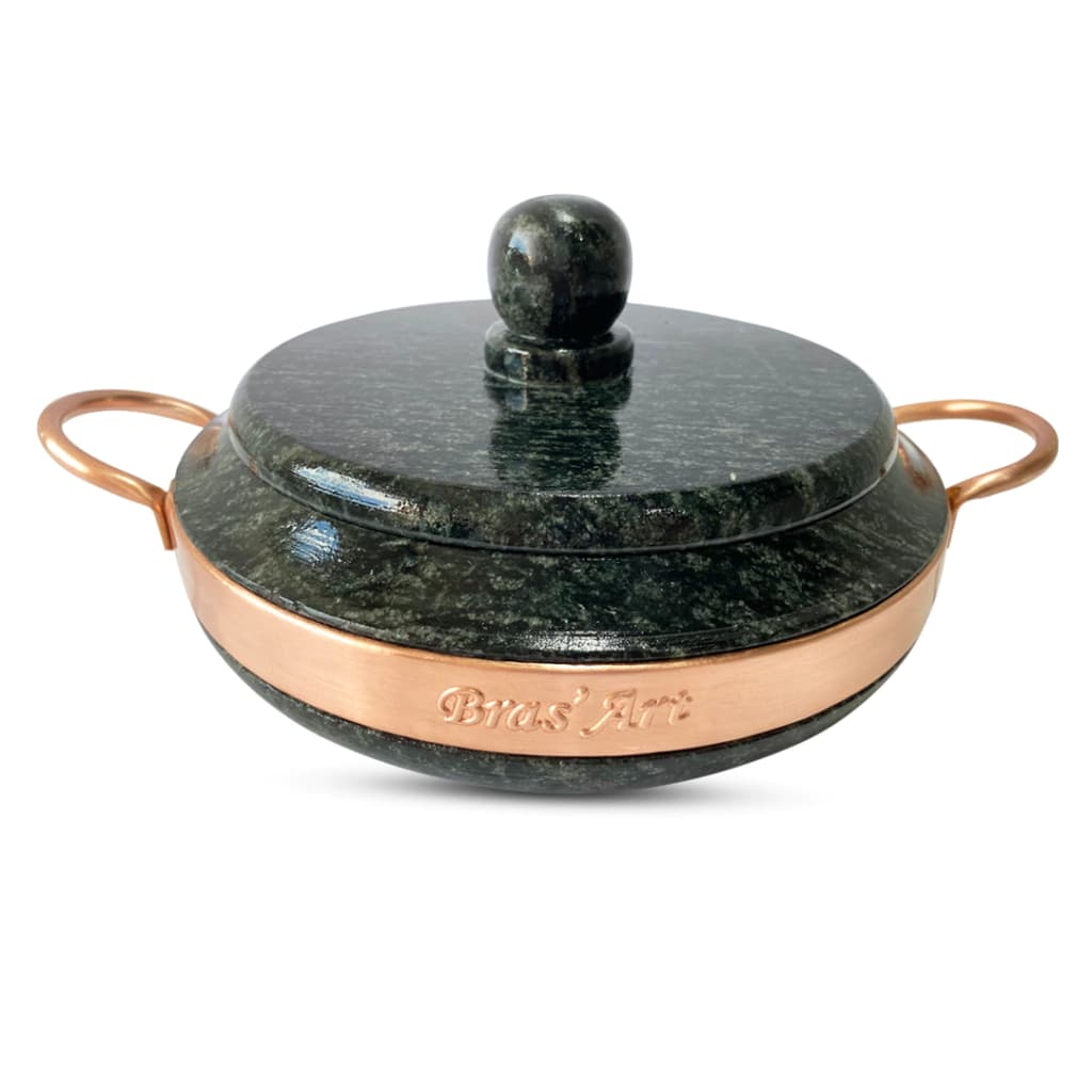 Frigideira Em Pedra Sabão Com Alça De Cobre 800 ML Tampa Pedra